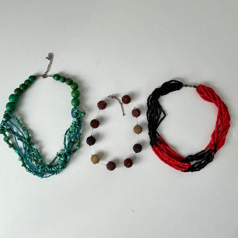 Lot of 3 Vintage Beaded Necklaces Wood Stone Multi-Strand Boho Jewelry
